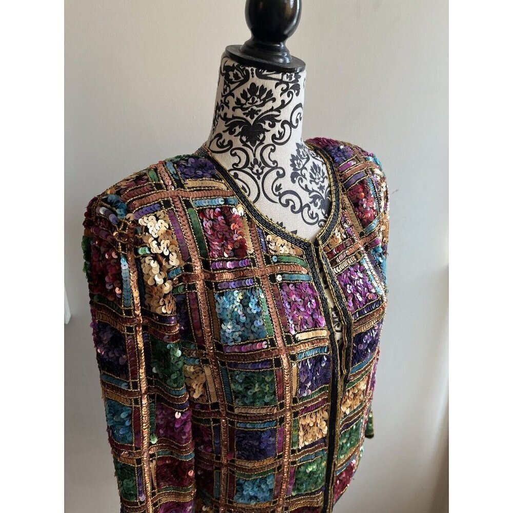 LAWRENCE KAGER SILK Rainbow Sequins 1980s Evening Jacket PL